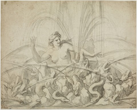 Charles Le Brun, Projet de bassin avec une Néréide, pierre noire lavis, 37,7 × 56,5 cm.  Paris, École nationale supérieure des beaux-arts, inv. 0.121.